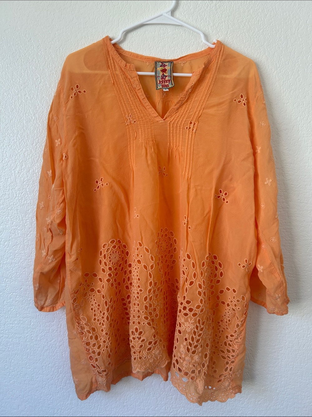 Johnny Was Orange Embroidered Pintuck Tunic
